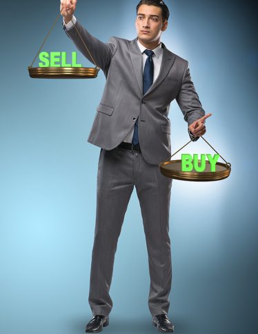 Businessman choosing between buying and selling
